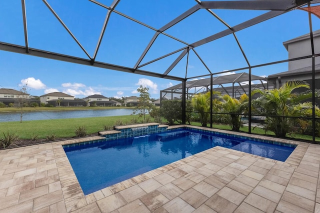 view of pool featuring a patio, a water view, and a lanai