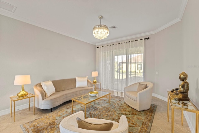 tiled living room featuring an inviting chandelier and crown molding