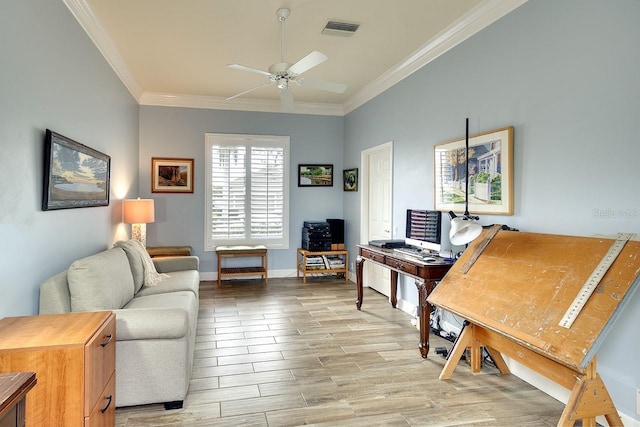 living room featuring ceiling fan and ornamental molding