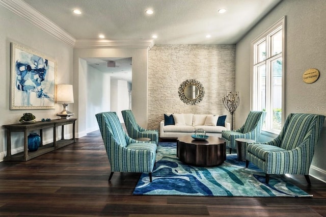 living area featuring ornamental molding and dark wood-type flooring