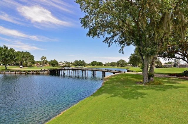 exterior space with a yard and a water view