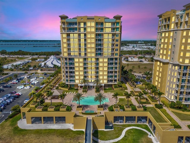 outdoor building at dusk with a water view