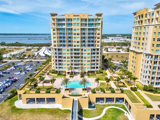 view of building exterior featuring a water view