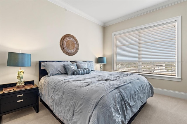 bedroom with light carpet and ornamental molding