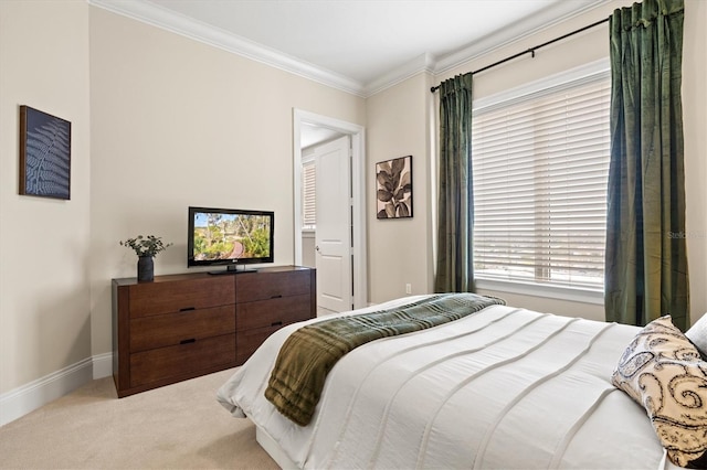 bedroom featuring light colored carpet and ornamental molding