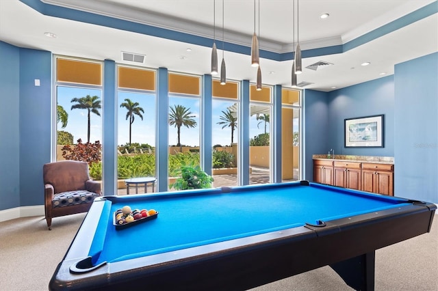 game room with carpet flooring, crown molding, billiards, and a tray ceiling