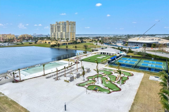 aerial view featuring a beach view and a water view