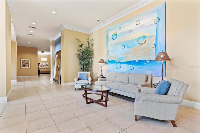 living room with crown molding, light tile patterned floors, recessed lighting, visible vents, and baseboards