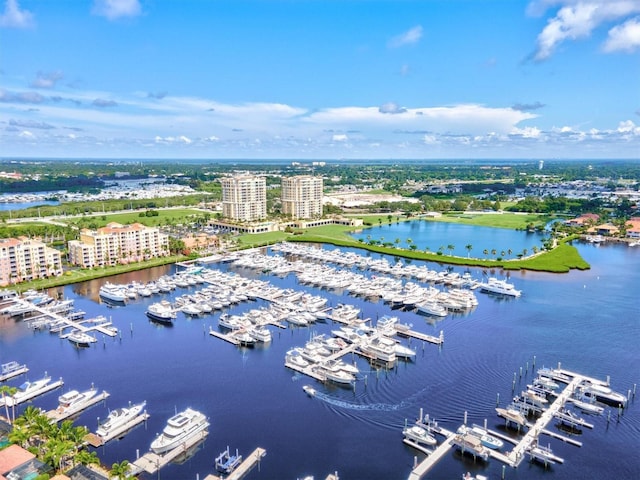 bird's eye view featuring a view of city and a water view