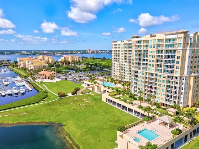 birds eye view of property featuring a water view