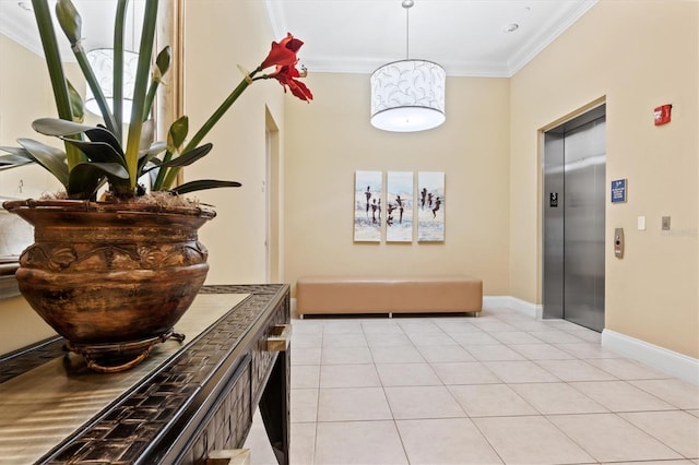 corridor with elevator, light tile patterned floors, baseboards, and crown molding