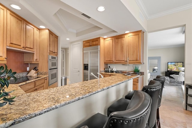 kitchen with appliances with stainless steel finishes, a kitchen breakfast bar, light stone counters, ornamental molding, and a peninsula