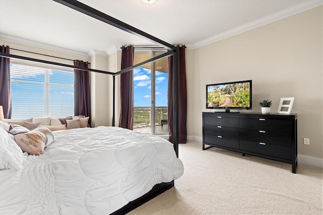 bedroom with light carpet, ornamental molding, baseboards, and access to exterior