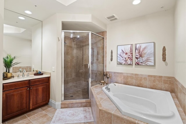 full bath featuring visible vents, tile patterned flooring, vanity, a shower stall, and a bath