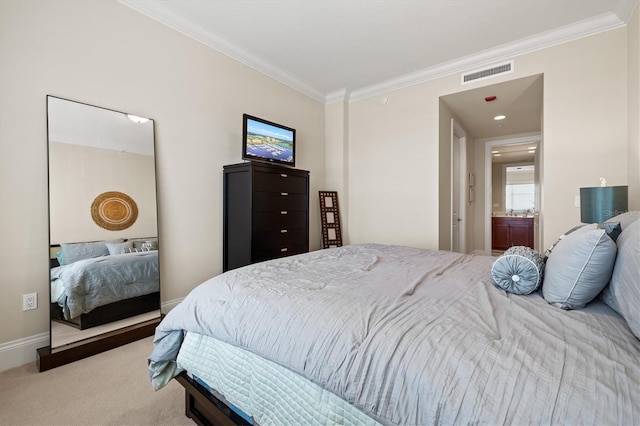 bedroom featuring baseboards, visible vents, crown molding, and light colored carpet