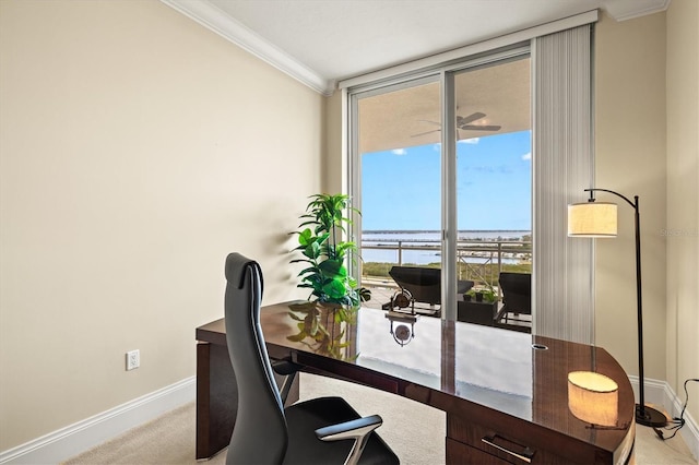 office area featuring a wall of windows, light colored carpet, crown molding, and baseboards