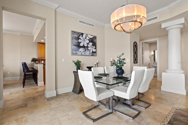130 Riviera Dunes Way Unit 1104, Palmetto, FL 34221 - dining area featuring an inviting chandelier, ornate columns, visible vents, and ornamental molding