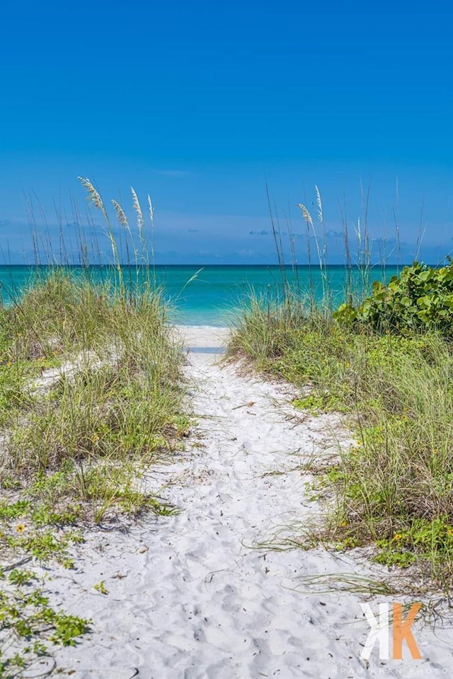 property view of water featuring a beach view