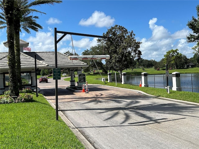 view of street with a water view