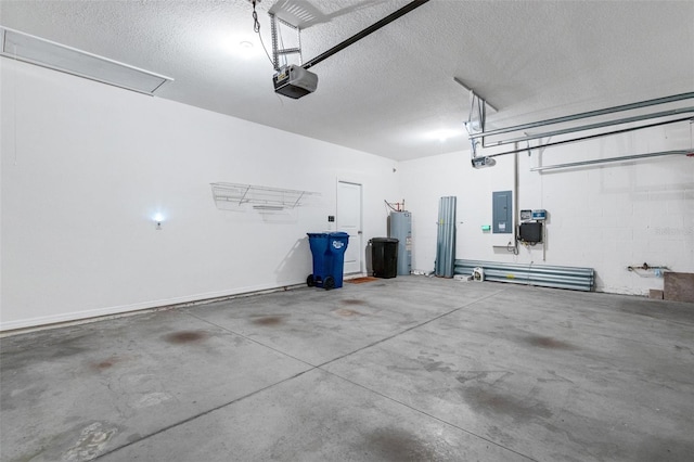 garage featuring electric panel, water heater, and a garage door opener