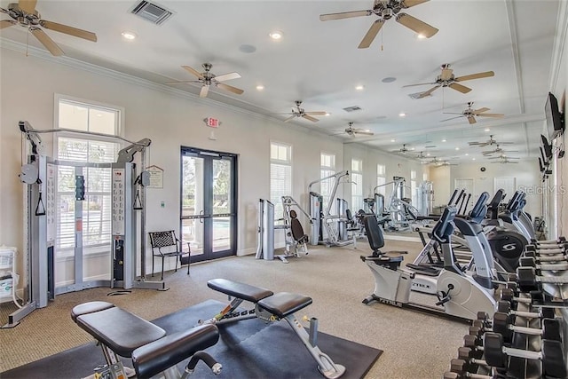 workout area with carpet flooring, french doors, a wealth of natural light, and crown molding