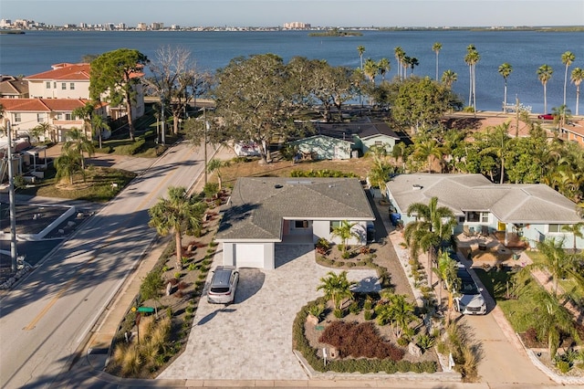 aerial view featuring a water view