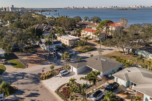 bird's eye view with a water view