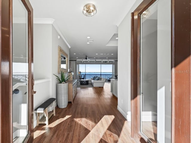 hall with crown molding, expansive windows, and wood-type flooring