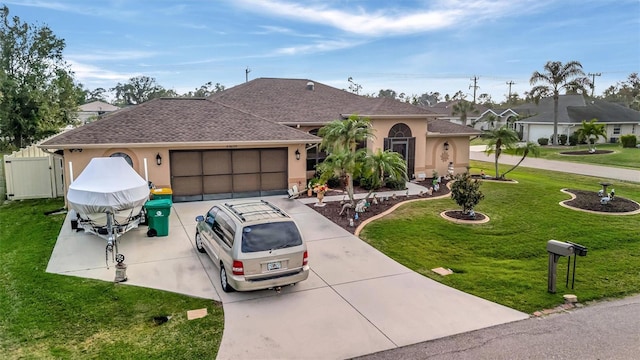 ranch-style house with a garage and a front lawn