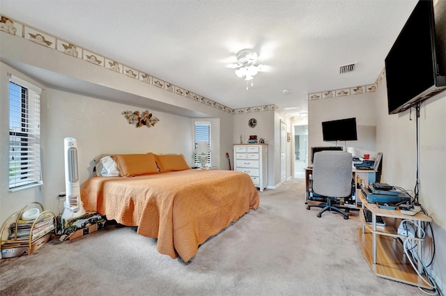 carpeted bedroom with a textured ceiling