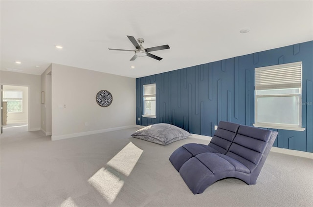 carpeted bedroom with ceiling fan