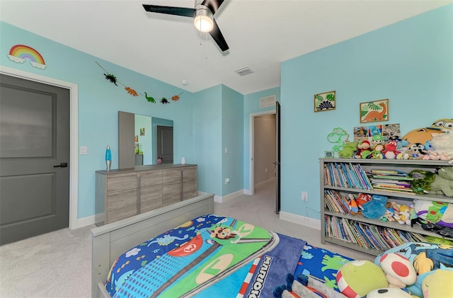 carpeted bedroom featuring ceiling fan