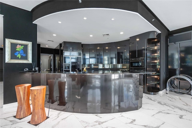 bar featuring high quality fridge, built in fridge, recessed lighting, visible vents, and marble finish floor