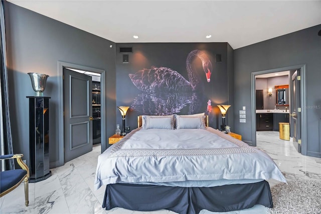 bedroom featuring marble finish floor and visible vents