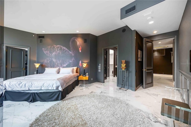 bedroom featuring baseboards, marble finish floor, visible vents, and recessed lighting