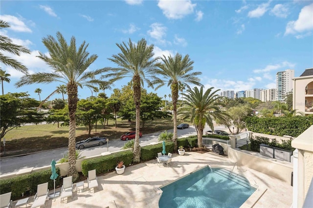 view of swimming pool featuring a patio area and a city view