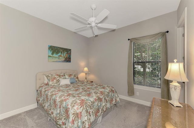 bedroom with ceiling fan and carpet