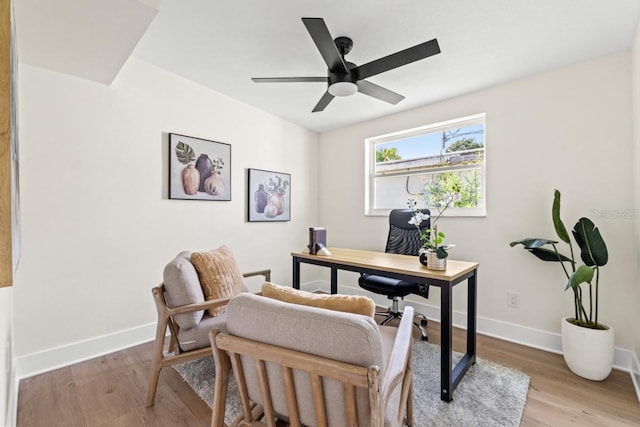 office space with light wood-type flooring and ceiling fan