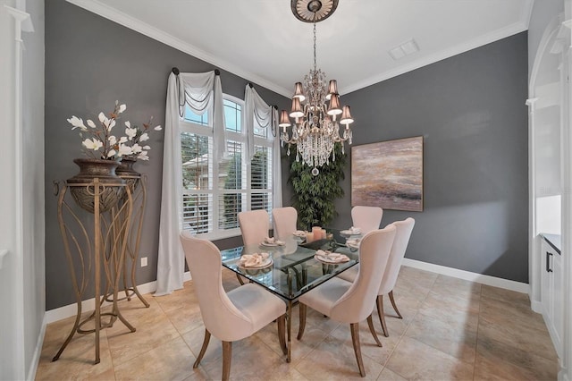 tiled dining space featuring crown molding and an inviting chandelier