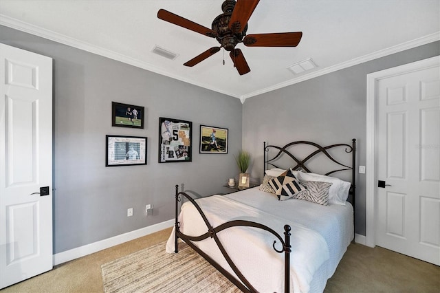 bedroom featuring ceiling fan, light colored carpet, and crown molding