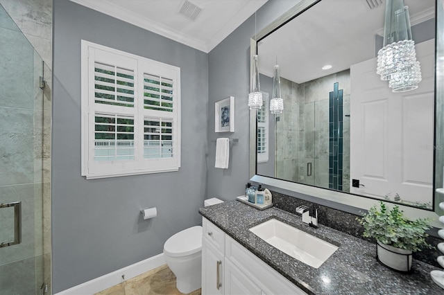 bathroom with visible vents, baseboards, ornamental molding, vanity, and a shower stall