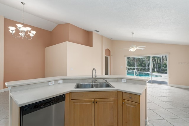 kitchen featuring dishwasher, light tile patterned floors, sink, and ceiling fan with notable chandelier