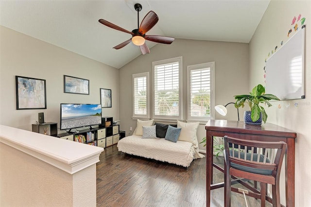 living room with lofted ceiling, dark wood-type flooring, and ceiling fan