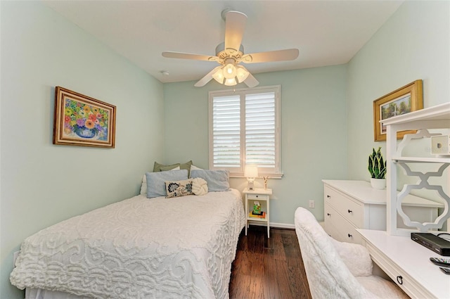 bedroom featuring ceiling fan and dark hardwood / wood-style flooring