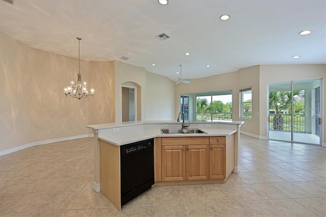 kitchen featuring sink, an island with sink, light tile patterned flooring, and black dishwasher