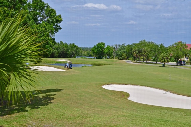 view of community featuring a lawn and a water view