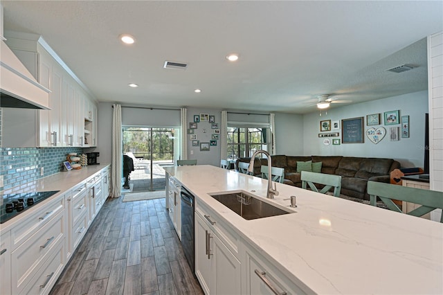 kitchen with sink, white cabinets, and custom range hood