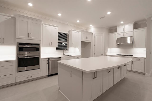 kitchen with appliances with stainless steel finishes, white cabinetry, a kitchen island, and sink