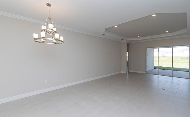 tiled empty room featuring an inviting chandelier, crown molding, and a tray ceiling