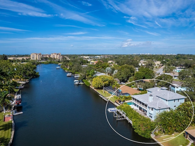 bird's eye view with a water view